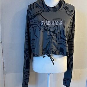 GymShark Hoodie L/S Black & Gray Marble Print Pullover Cropped Workout Top Sz L